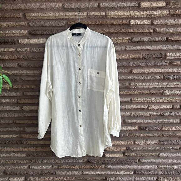 Carole Little Vintage Ivory Cream 100% Linen Band Collar Tunic Shirt MOP - Picture 6 of 11